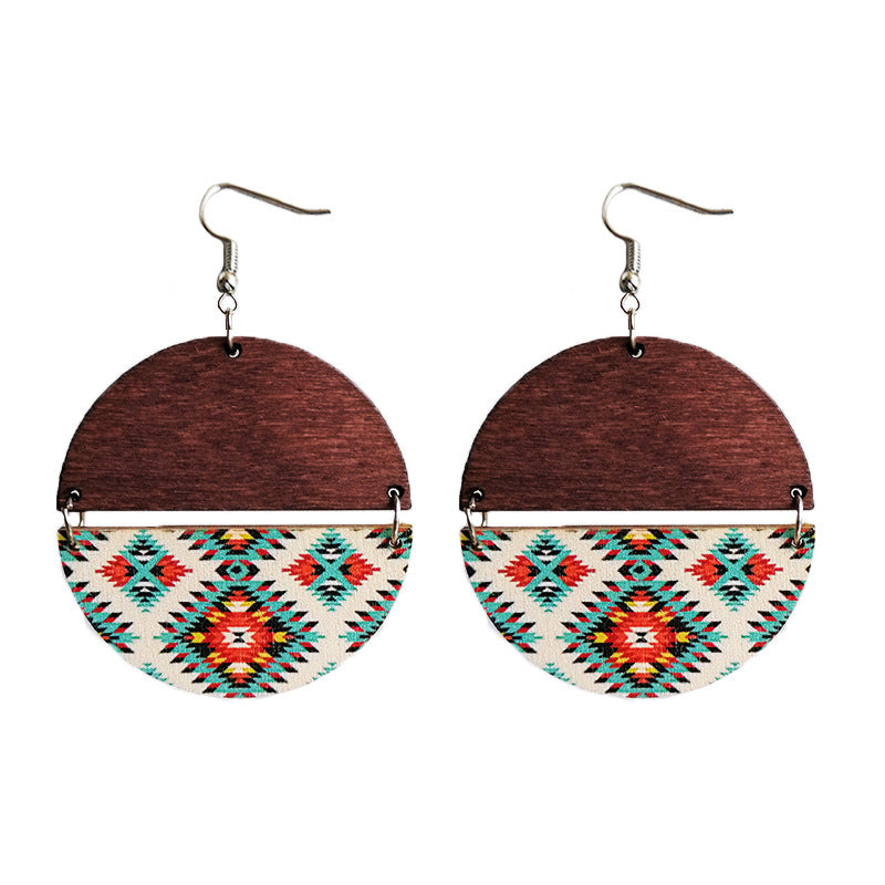 2 pares al por mayor/paquete boho patrón étnico pendientes de madera de mosaico circular